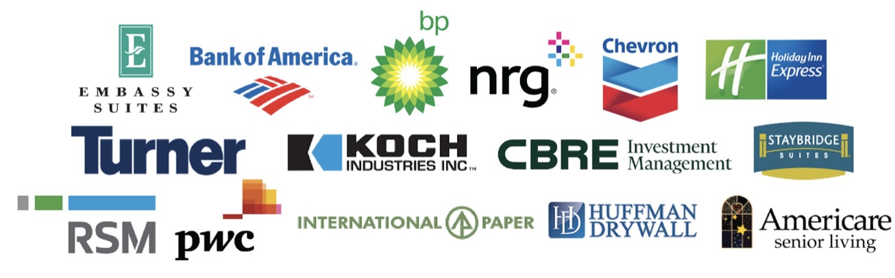 Brands and firms that have used or endorsed GreenZip — Embassy Suites, Bank of America, BP, NRG, Chevron, Holiday Inn Express, Turner, Koch Industries, CBRE, Staybridge Suites, RSM, PwC, International Paper, Huffman Drywall, Americare